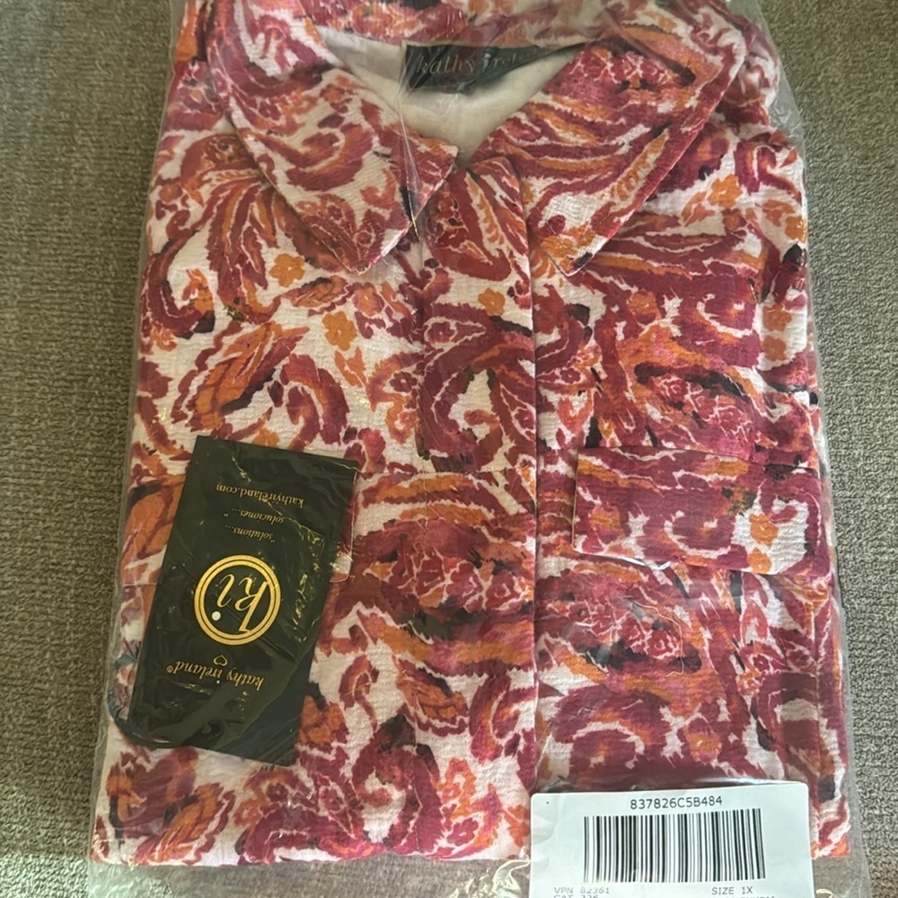 Kathy Ireland Pink Paisley Orange Hidden Button Front Jacket Waist Length 1x - Picture 2 of 2